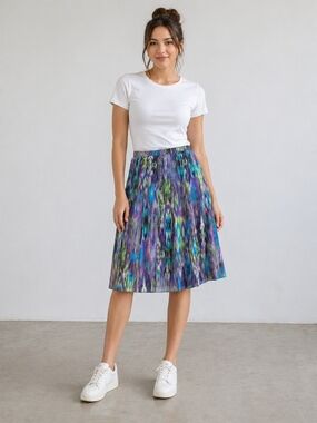 Vintage Style Boho Midi Skirt Small Multicolor Abstract Print Flowy A-Line Chic